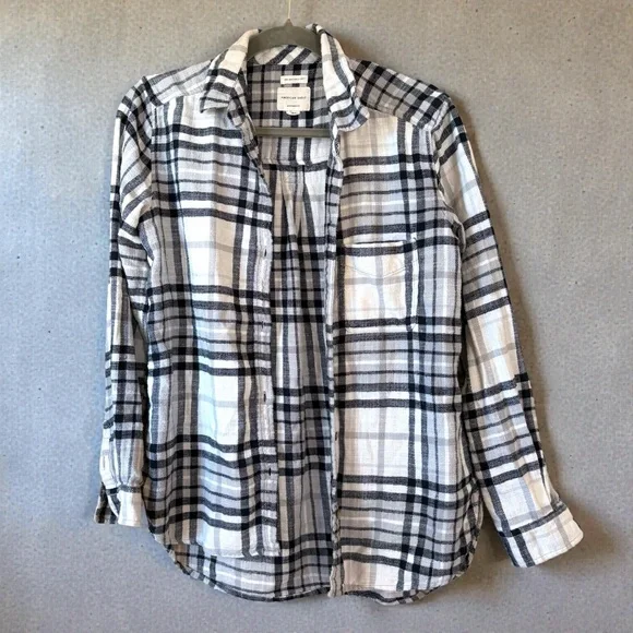 American Eagle Ahh-Mazingly Soft Flannel Shirt Boyfriend M, Black & White - EUC - Picture 14 of 14
